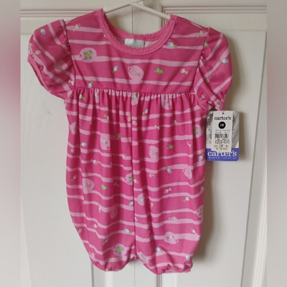 NWT Carter's Pink Striped Puff Sleeve Romper with Beachy Print